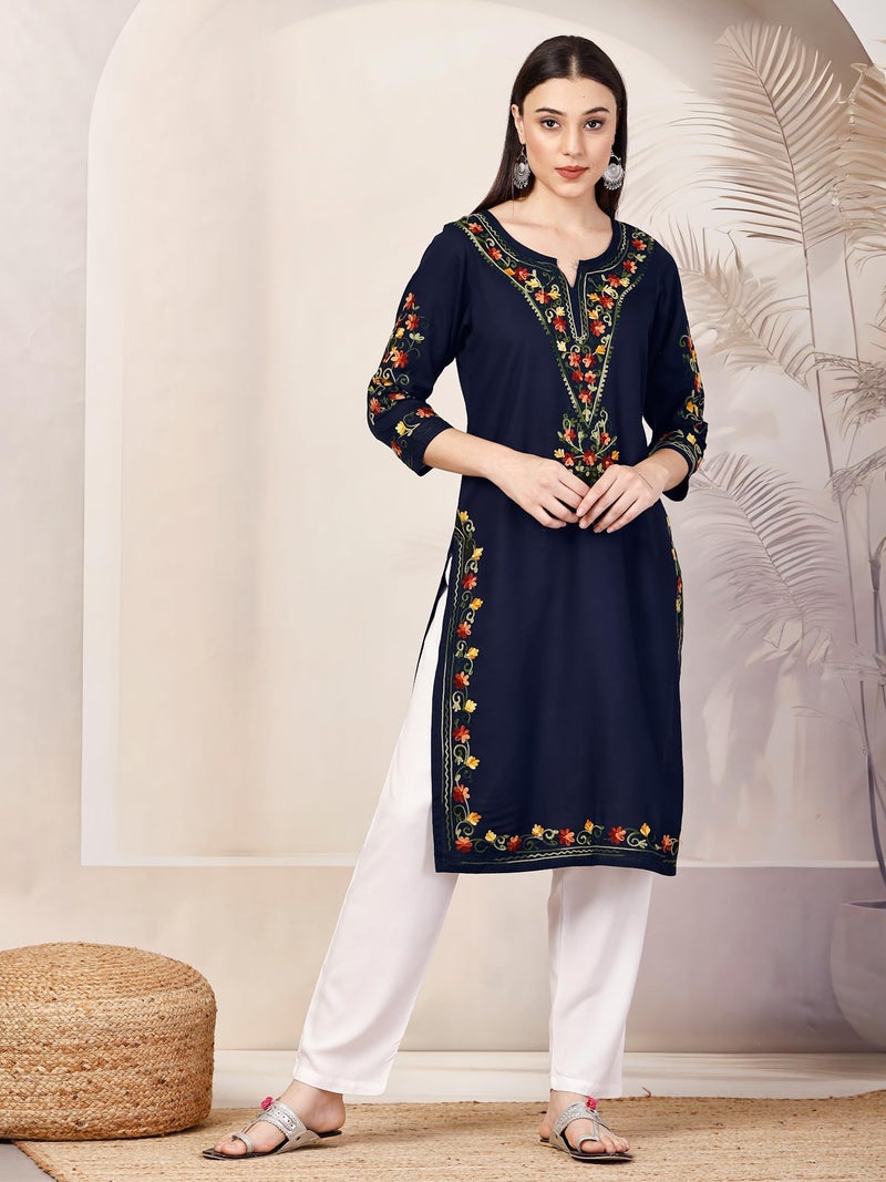 QAZMI Women's Aafreen Kashmiri Aari Embroidered 3/4 Sleeves Viscose Rayon Kurta Navy Blue - Image 2