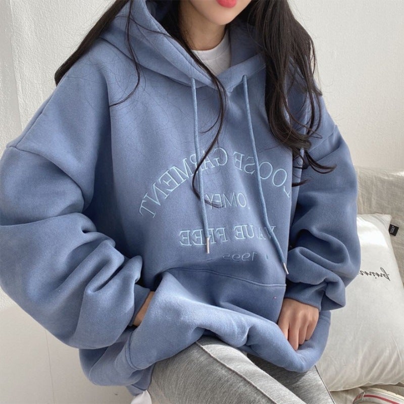 2022 Womens Hoodie Casual Autumn Winter Thickened Velvet Coat Plus Size 87 blue thin section 