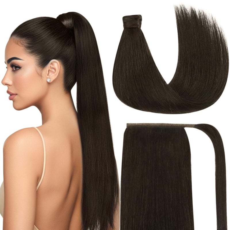 Ve Sunny Hair Extensions Ponytail Real Human Hair 80g Wrap Around Clip in Ponytail Hair Extensions Straight Extensions Human Hair for Women Brunette Dark Brown 14 Inch - Image 2