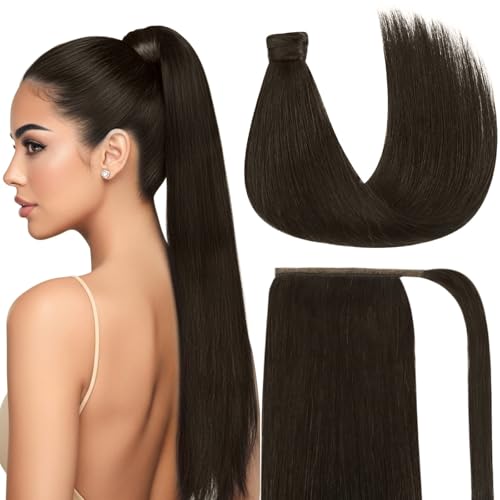 Ve Sunny Hair Extensions Ponytail Real Human Hair 80g Wrap Around Clip in Ponytail Hair Extensions Straight Extensions Human Hair for Women Brunette Dark Brown 14 Inch - Image 1
