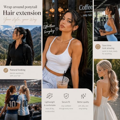 Ve Sunny Hair Extensions Ponytail Real Human Hair 80g Wrap Around Clip in Ponytail Hair Extensions Straight Extensions Human Hair for Women Brunette Dark Brown 14 Inch - Image 3