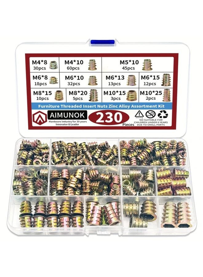 230pcs M4 M5 M6 M8 M10 Threaded Inserts Nuts Assortment Kit For Wood Furniture Zinc Alloy - Image 1