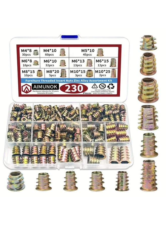230pcs M4 M5 M6 M8 M10 Threaded Inserts Nuts Assortment Kit For Wood Furniture Zinc Alloy - Image 2