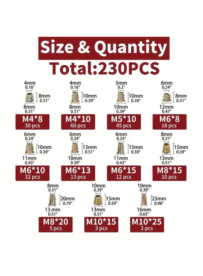 230pcs M4 M5 M6 M8 M10 Threaded Inserts Nuts Assortment Kit For Wood Furniture Zinc Alloy - Image 3