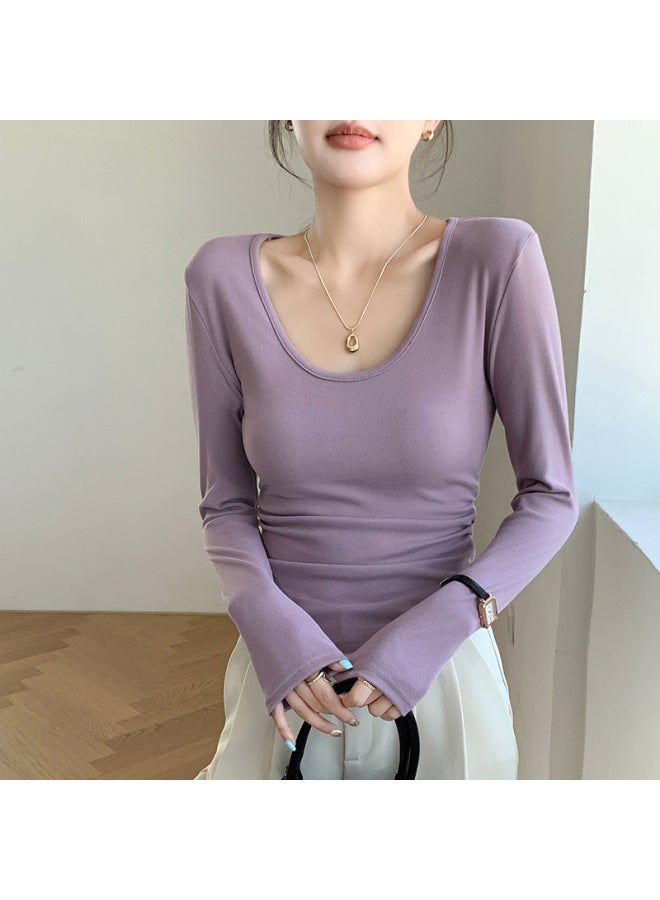 H257 Coconut Velvet Large U-neck Bottoming Shirt Autumn And Winter Brushed Inner T-shirt Long-sleeved Waist Slimming Look Flesh-covering Pleated Top
