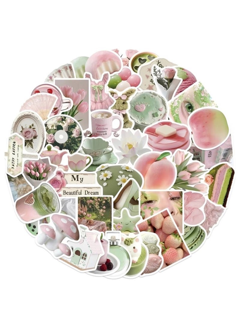Aura Style 50-Piece Pink and Green Aesthetic Sticker Pack for Girls Cute Spring Floral Decals for Laptops and Planners - Image 1