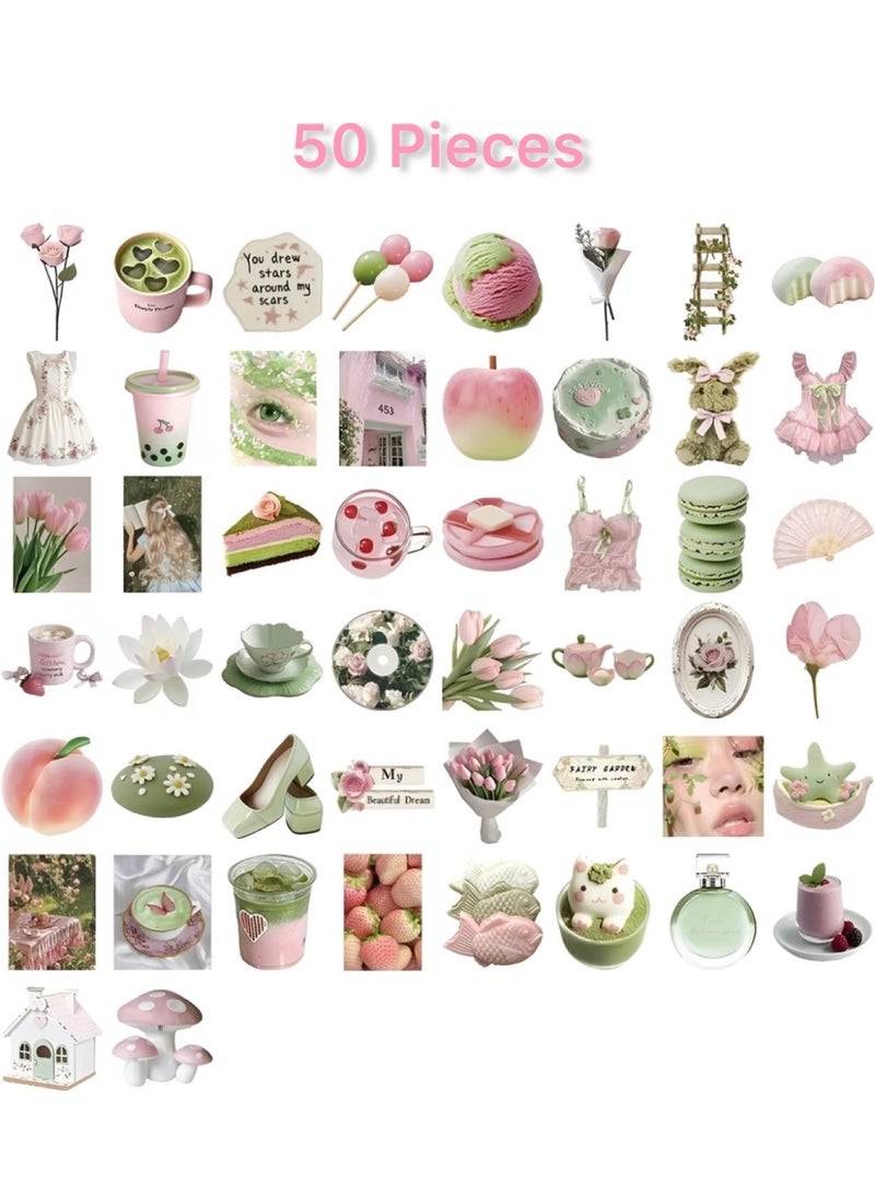 Aura Style 50-Piece Pink and Green Aesthetic Sticker Pack for Girls Cute Spring Floral Decals for Laptops and Planners - Image 2