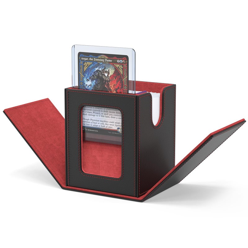 ZLCA MTG Deck Box with Commander Window Display, Trading Card Storage Box Holds 100 Double-Sleeved Cards Suitable for TCG/CCG/PTCG/EDH/Magic/Sport Cards (Black&Red) - Image 1