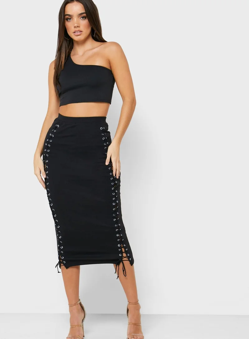 Missguided Eyelet Lace Up Midi Skirt