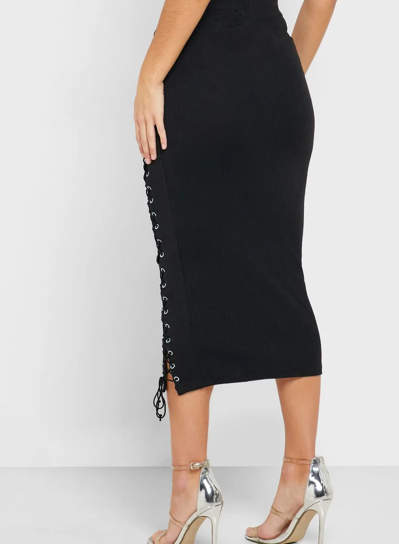Missguided Eyelet Lace Up Midi Skirt