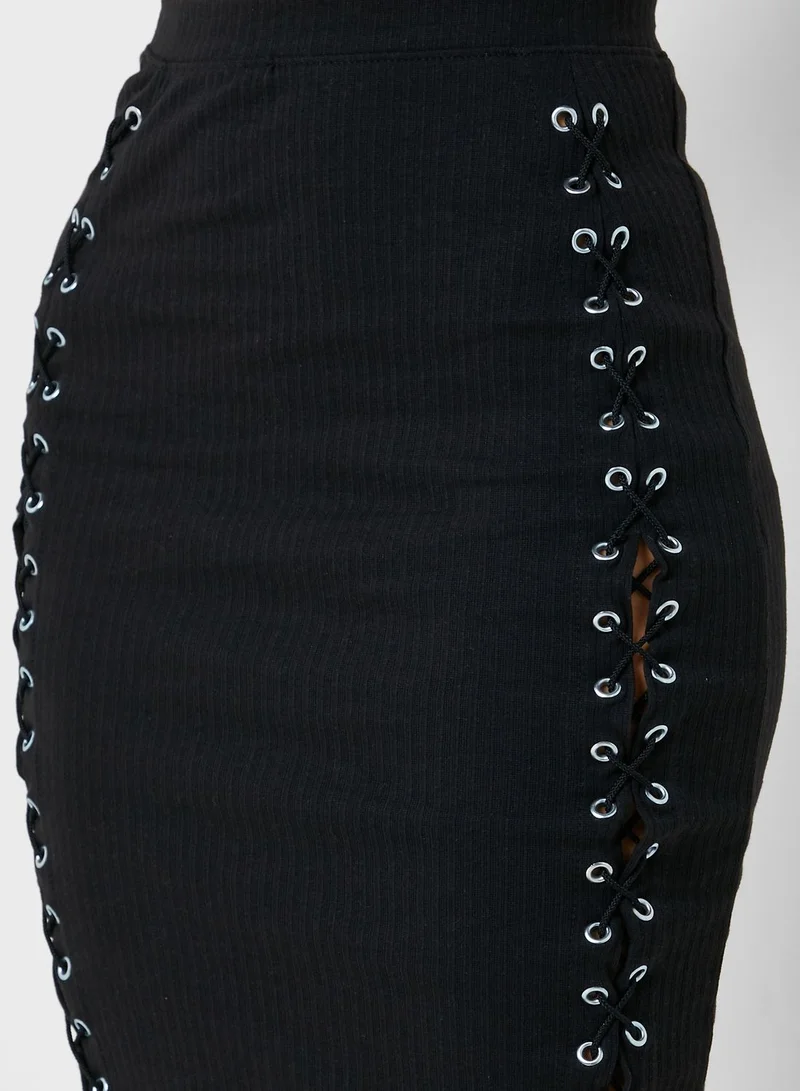 Missguided Eyelet Lace Up Midi Skirt