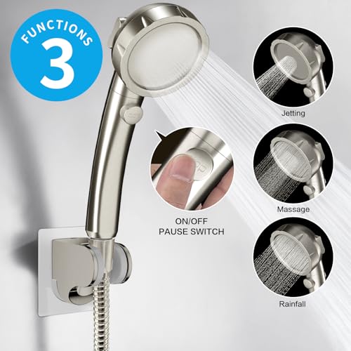 KAIYING Drill-Free High Pressure Handheld Shower Head with ON/OFF Switch, 3 Spray Modes - Brushed Nickel - Image 2