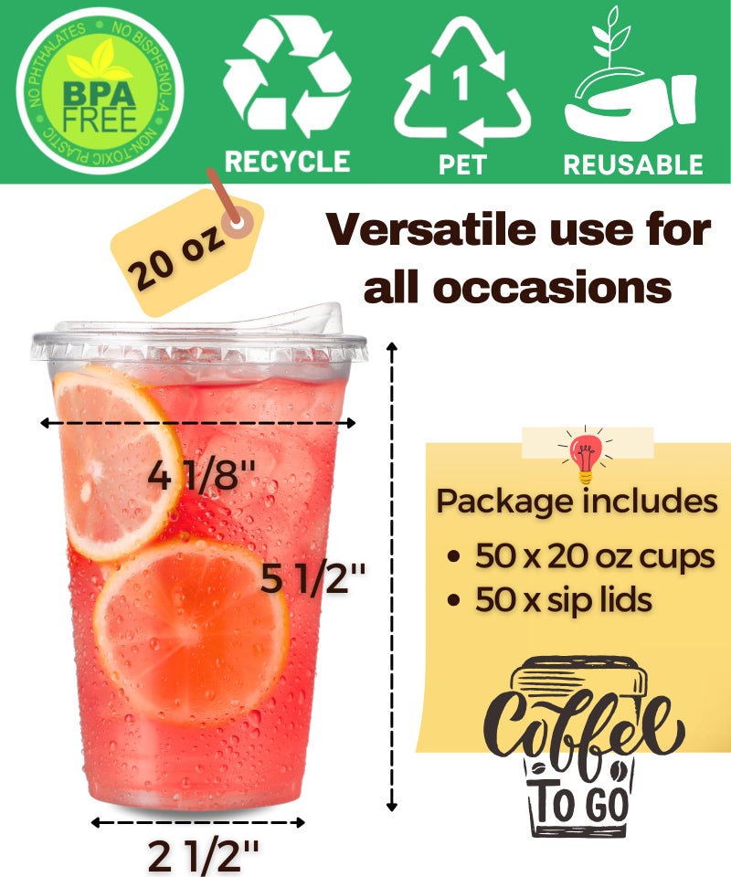 Aatriet 20 oz Clear Plastic Cups with Strawless-Sip-Lids  50 Sets Disposable Cups Plastic Iced Coffee Cups  To Go Cups with Sip Through Lids for Smoothie  Milkshake  Cold Drinks for Party  Wedding  Event - Image 3