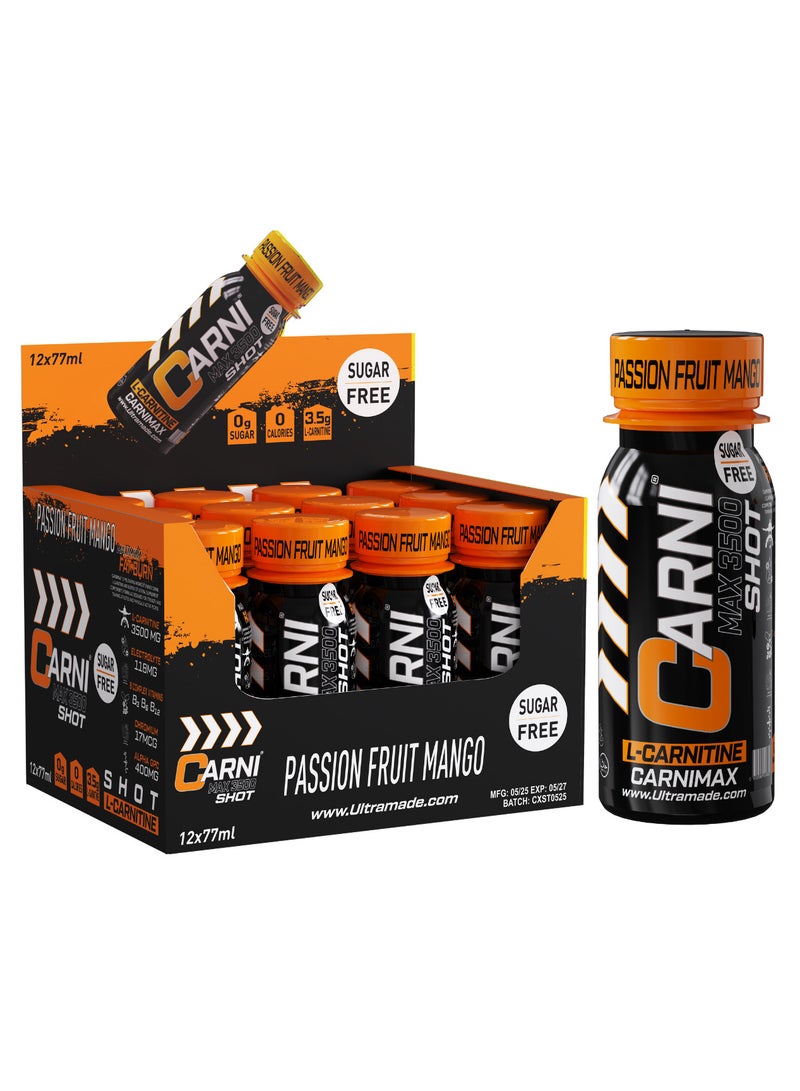 C5 CarniMax Shot Passion Fruit Mango - L-Carnitine Drink, 77ml, Sugar-Free, Weight Loss 12 Bottles - Image 1