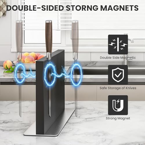THMINS Black Magnetic Knife Block Stainless Steel Double-Sided Magnetic Knife Holder, Universal Multi-function Display Rack for Kitchen Counter - Image 2