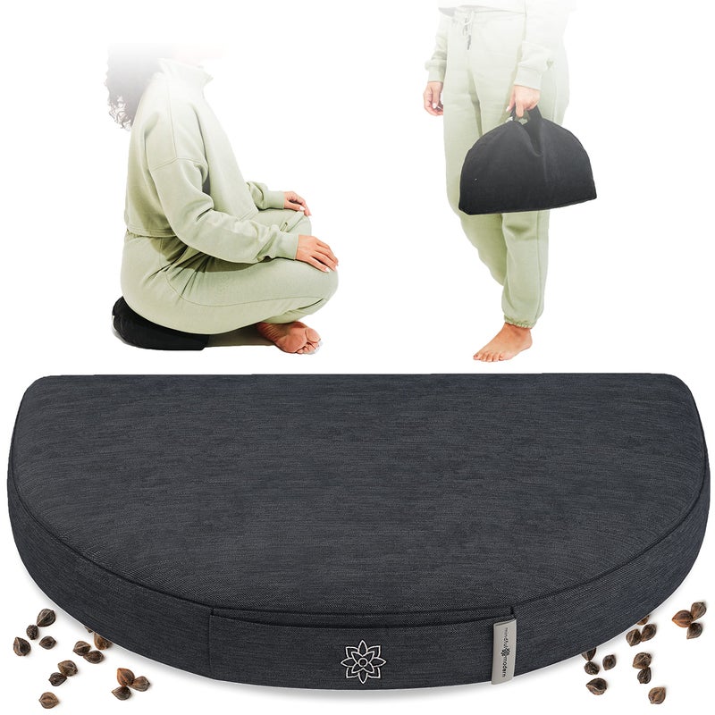 Mindful and Modern Compact Meditation Cushion Travel Meditation Pillows for Sitting on Floor Buckwheat Hull Filled Half Moon Cushion with Removable Cover Carry Handle