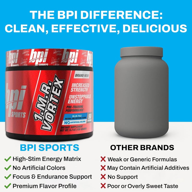 BPI Sports 1MR Vortex Pre Workout Powder  High Stim Preworkout for Men  Women with Glycerol Caffeine Niacin and Herbal Extracts  Energy Focus  Endurance  Blue Raz Flavor  50 Servings - Image 5