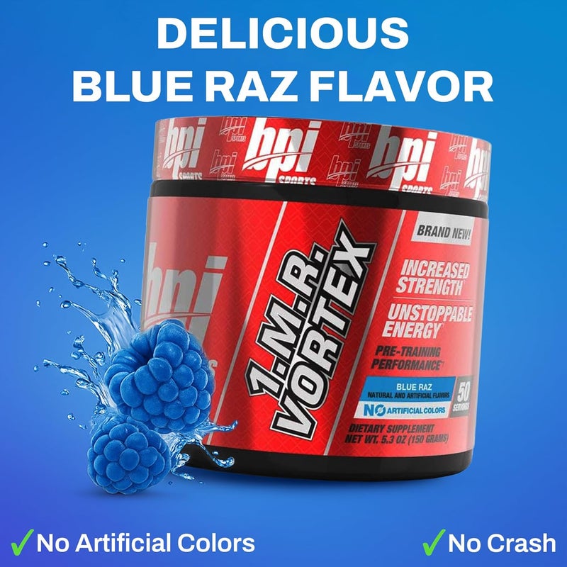 BPI Sports 1MR Vortex Pre Workout Powder  High Stim Preworkout for Men  Women with Glycerol Caffeine Niacin and Herbal Extracts  Energy Focus  Endurance  Blue Raz Flavor  50 Servings - Image 2