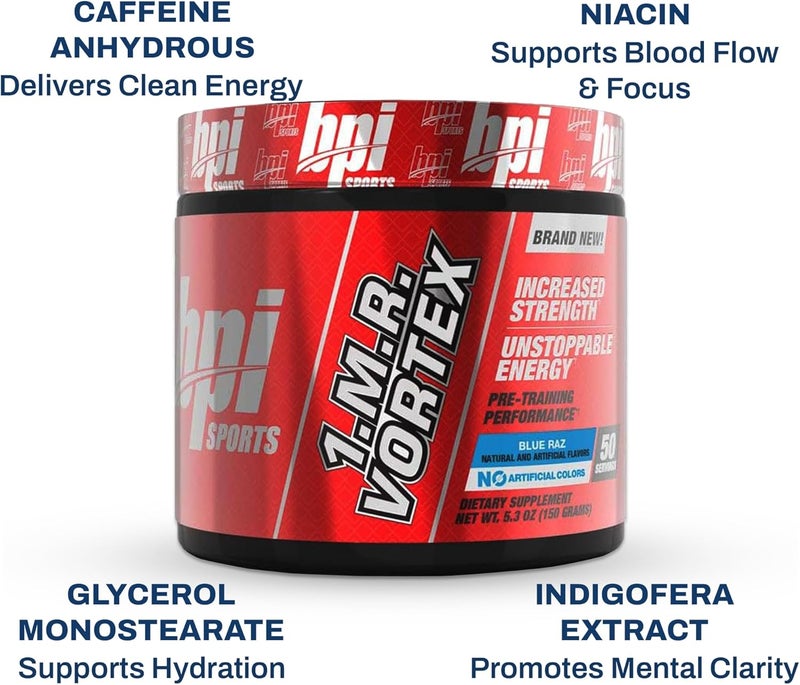 BPI Sports 1MR Vortex Pre Workout Powder  High Stim Preworkout for Men  Women with Glycerol Caffeine Niacin and Herbal Extracts  Energy Focus  Endurance  Blue Raz Flavor  50 Servings - Image 3