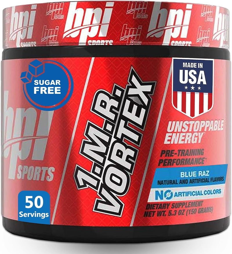 BPI Sports 1MR Vortex Pre Workout Powder  High Stim Preworkout for Men  Women with Glycerol Caffeine Niacin and Herbal Extracts  Energy Focus  Endurance  Blue Raz Flavor  50 Servings - Image 1