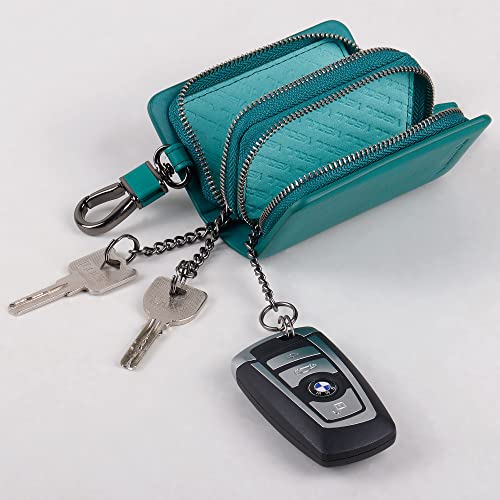 VISOUL Car Key Case Holder Double Zipper, Leather Car Smart Key Fob Case with Keychain for Men and Women-Lake Blue - Image 3