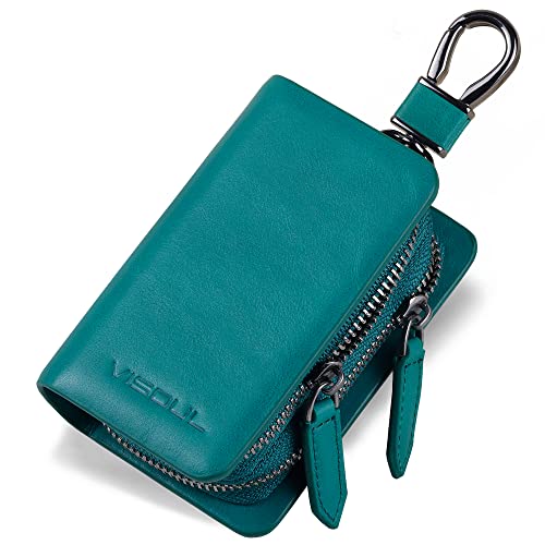 VISOUL Car Key Case Holder Double Zipper, Leather Car Smart Key Fob Case with Keychain for Men and Women-Lake Blue - Image 1
