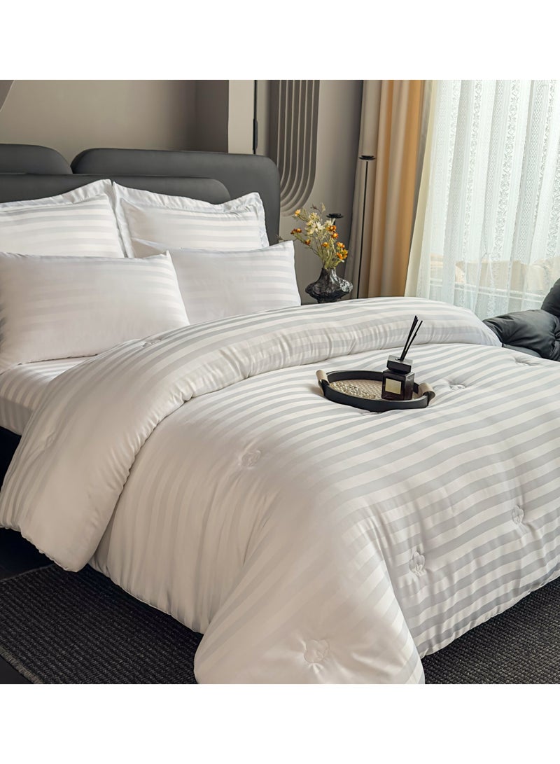 Santaoche Home Microfiber 3cm satin stripe Hotel Comforter Sets, Fits 200 cm x 200 cm Size Bed, Duvet Filling Included, 6 Pcs King Size (White, 200 x 200 cm) - Image 1
