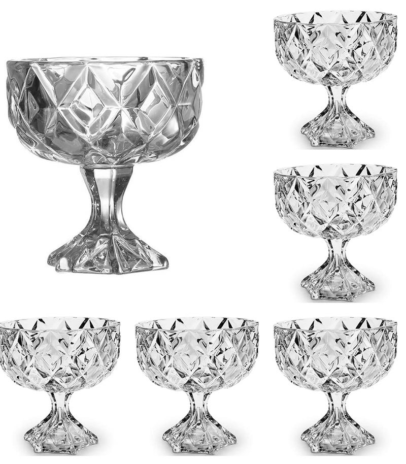WRINGO Crystal Glass Ice Cream Bowl Home Kitchen Serving Platter or Dessert Cup for Sundae Sweets Snacks Fruit Pudding Nuts or Dip Serving Bowls Diamond Cups Set of 6 - Image 1