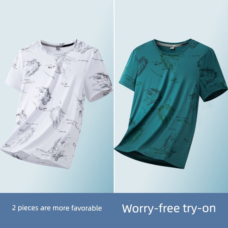 Ice silk short-sleeved T-shirt for men's summer thin trendy printed T-shirt, fashionable wrinkle-resistant ice-cold half-sleeved handsome top - Image 3