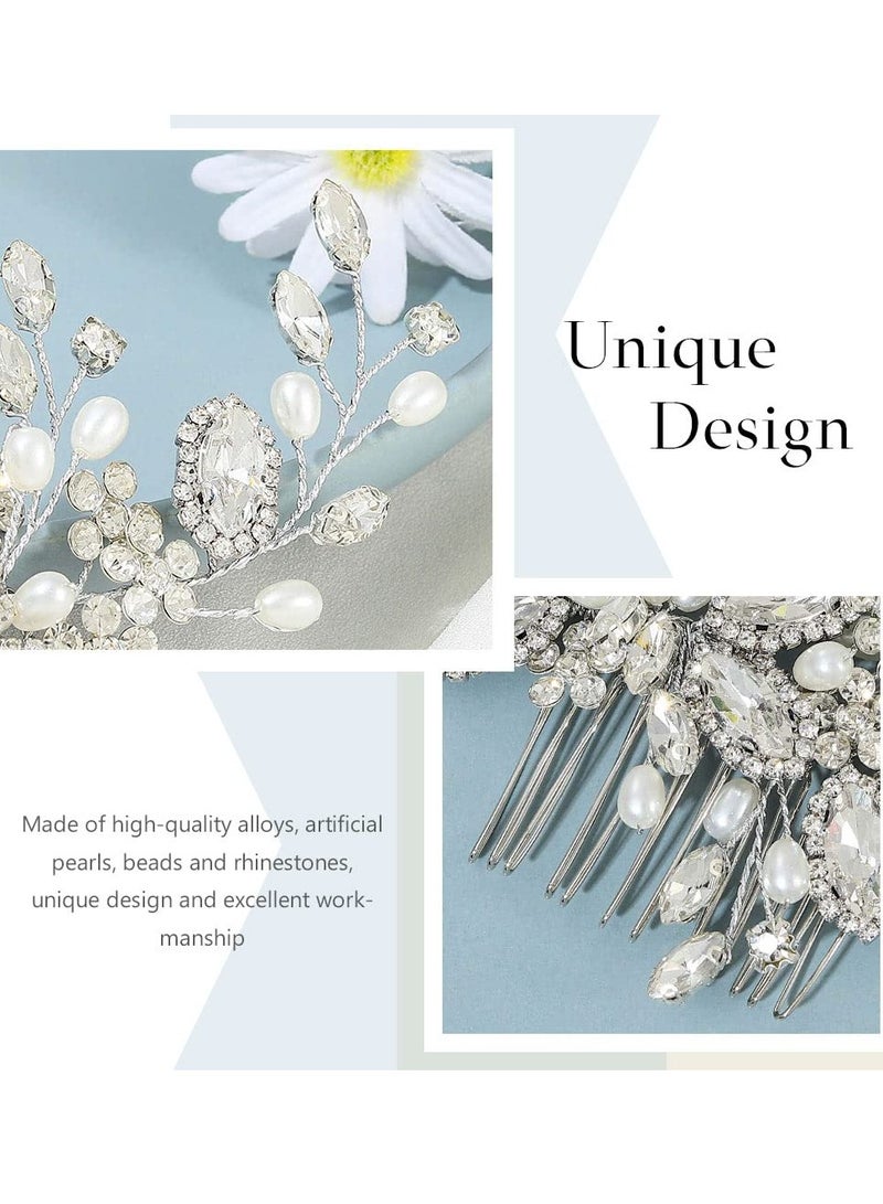 Excefore Crystal Bride Wedding Hair Comb, Pearl Bridal Hair Piece Hair Accessories For Women And Girls, Silver - Image 3