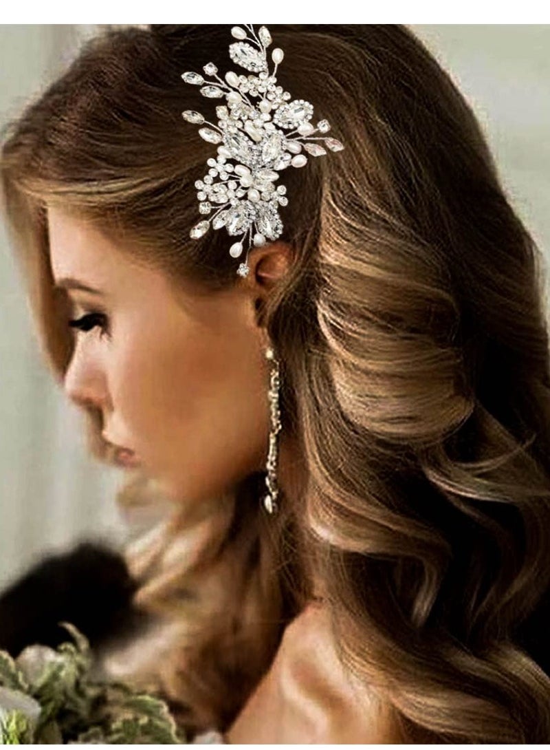 Excefore Crystal Bride Wedding Hair Comb, Pearl Bridal Hair Piece Hair Accessories For Women And Girls, Silver - Image 1