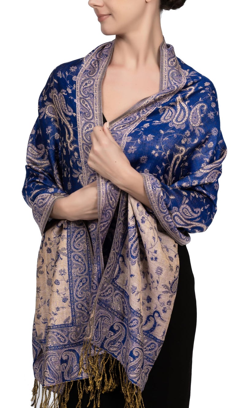 Achillea Soft Silky Reversible Paisley Pashmina Shawl Wrap Scarf w/Fringes (Royal Blue) - Image 1