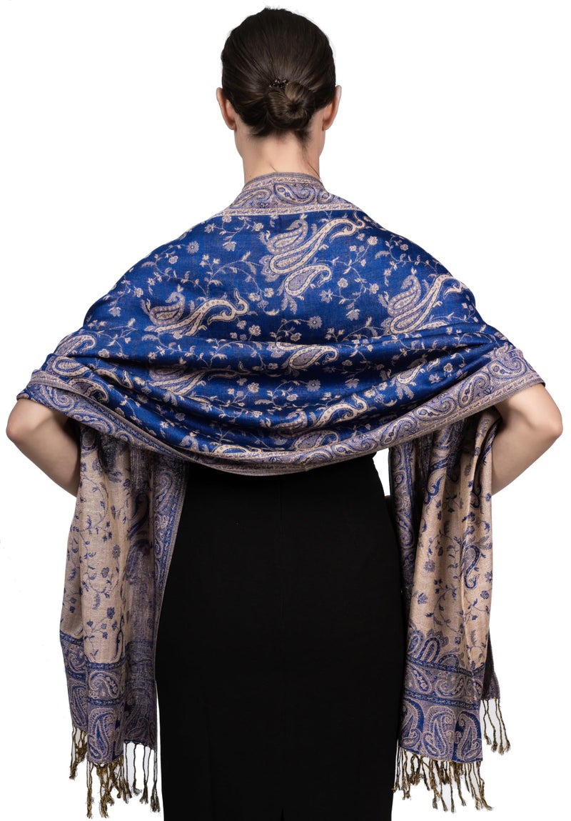 Achillea Soft Silky Reversible Paisley Pashmina Shawl Wrap Scarf w/Fringes (Royal Blue) - Image 4