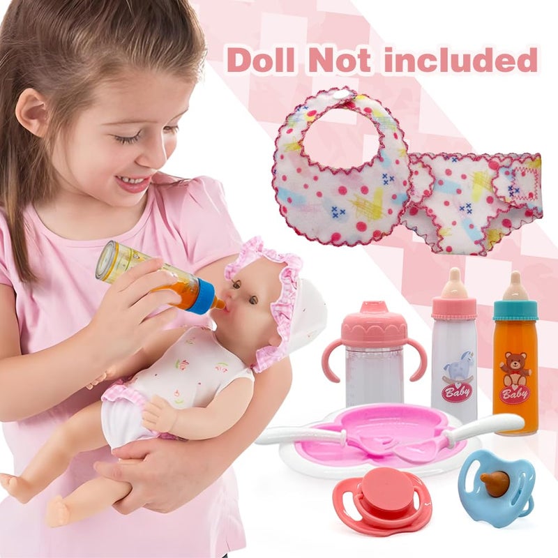 Linkyloop Baby Doll Accessories Magic Bottle Set - 11 Pieces Doll Feeding Pretend Playset with Disappearing Milk & Juice Bottles, Pacifiers Bowl Diaper and Bib Doll Bottle Toys set Gift for Kids Girls Ages 3+ - Image 4