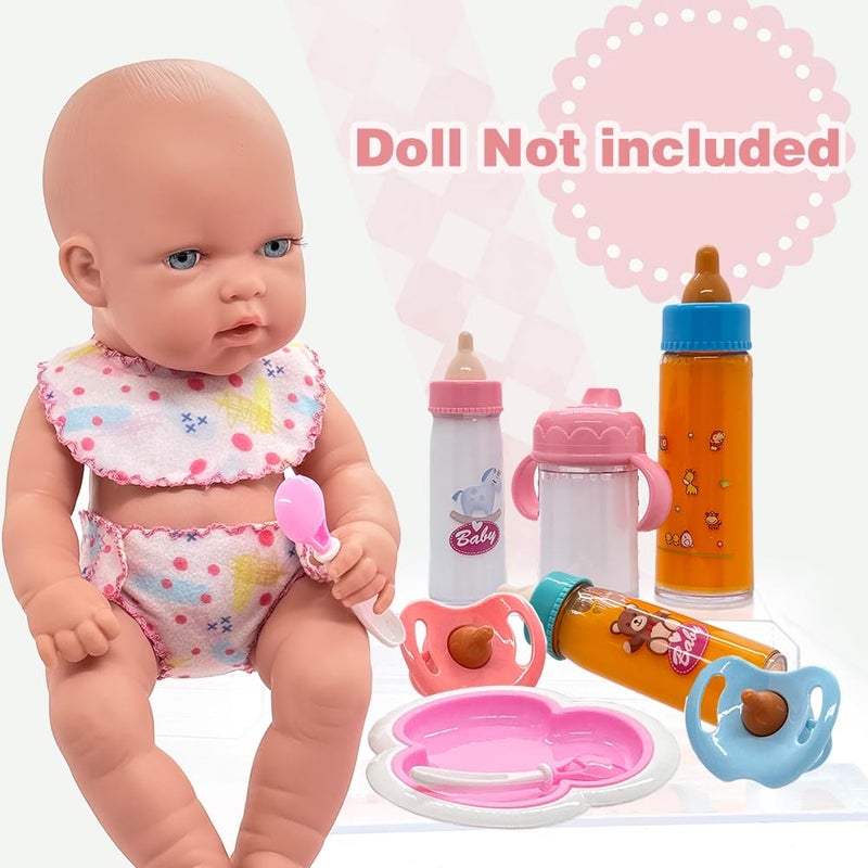 Linkyloop Baby Doll Accessories Magic Bottle Set - 11 Pieces Doll Feeding Pretend Playset with Disappearing Milk & Juice Bottles, Pacifiers Bowl Diaper and Bib Doll Bottle Toys set Gift for Kids Girls Ages 3+ - Image 3