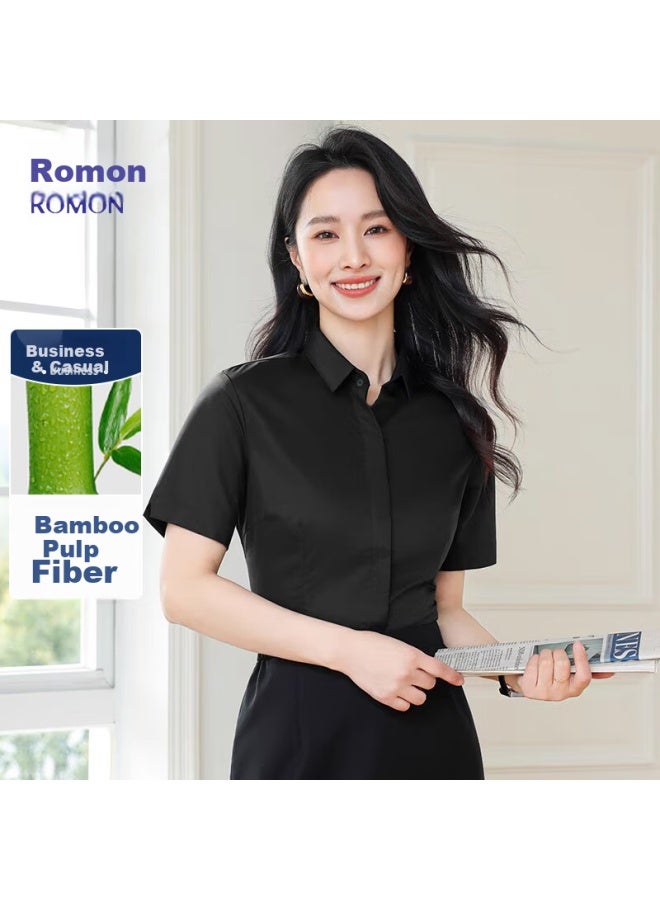 Romon Solid Color Business Women's Summer Slim Fit Professional Casual Polo Short Sleeve Shirt Black XL