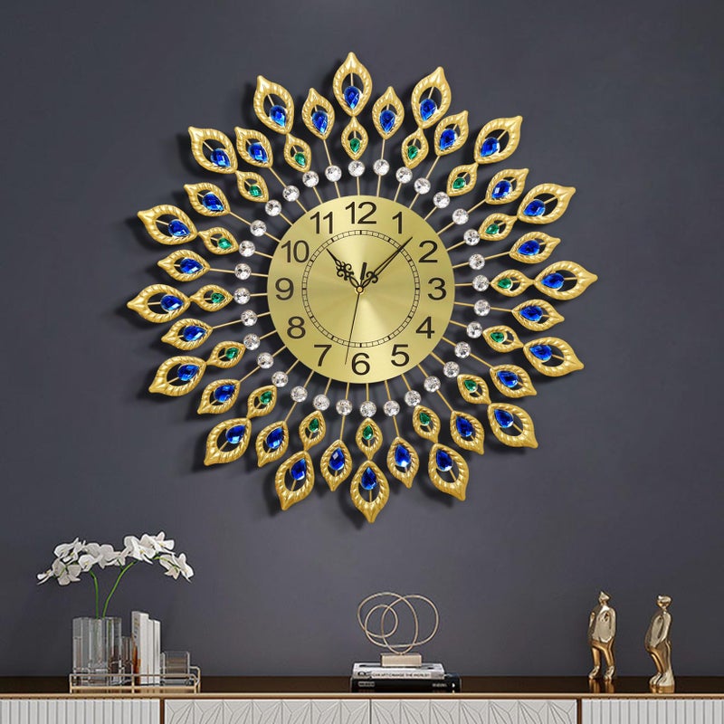 JUGV 24.0 Inch Gold Large Wall Clocks for Living Room Decor,Elegant 3D Modern Wall Clock with Dial Arabic Numberals Non-Ticking Silent Big Wall Clocks,Diamond Round Home Decoration Kitchen Clocks - Image 1