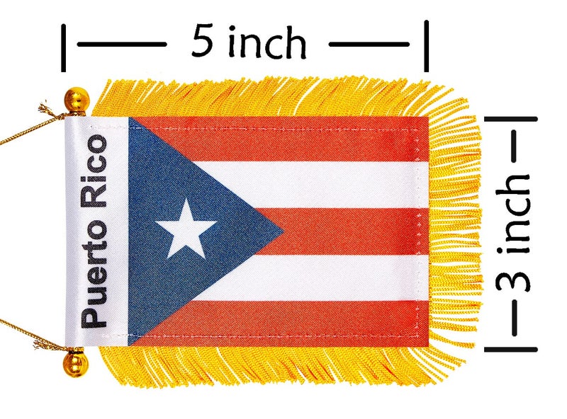 WXTWK 3 X 5 Inch Puerto Rico Flag Puerto Rican Window Hanging Flag Small Mini Car Flags Banners Rearview Mirror Decoration With Suction Cup Golden Fringy Banner - Image 2