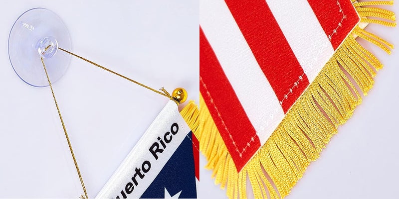 WXTWK 3 X 5 Inch Puerto Rico Flag Puerto Rican Window Hanging Flag Small Mini Car Flags Banners Rearview Mirror Decoration With Suction Cup Golden Fringy Banner - Image 3