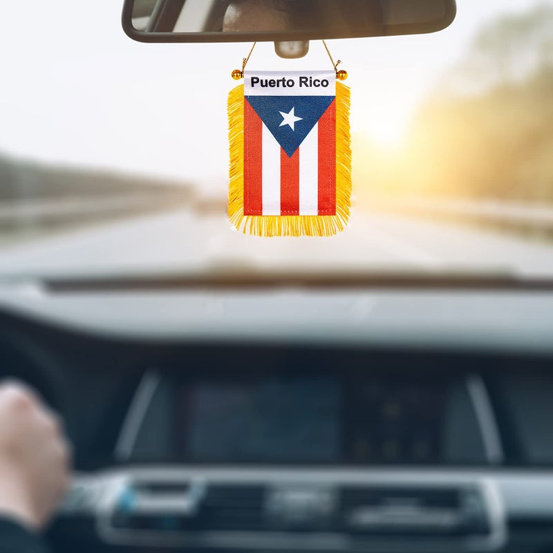 WXTWK 3 X 5 Inch Puerto Rico Flag Puerto Rican Window Hanging Flag Small Mini Car Flags Banners Rearview Mirror Decoration With Suction Cup Golden Fringy Banner - Image 4