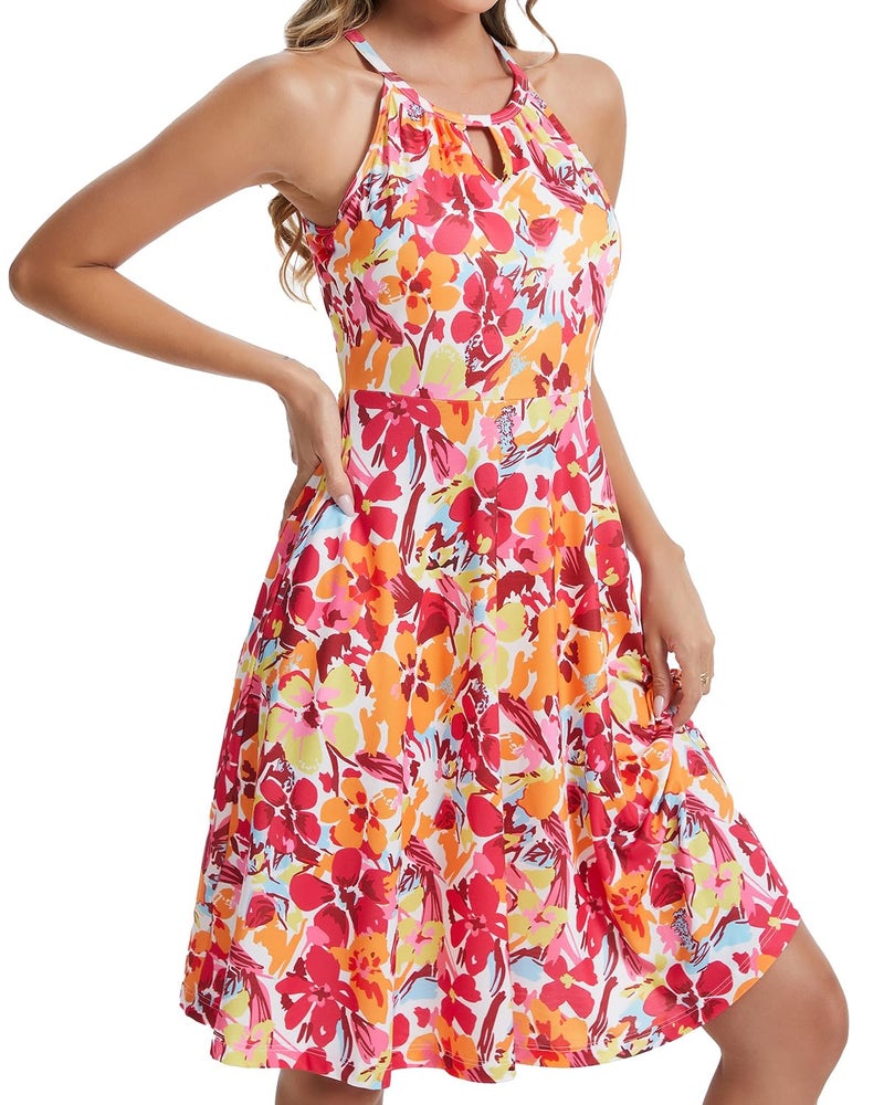 ANYFITTING Built in Bra Halter Dresses for Women 2026 Summer Pockets Dress Flowy Midi Sundresses Beach Vacation Pink Orange - Image 4