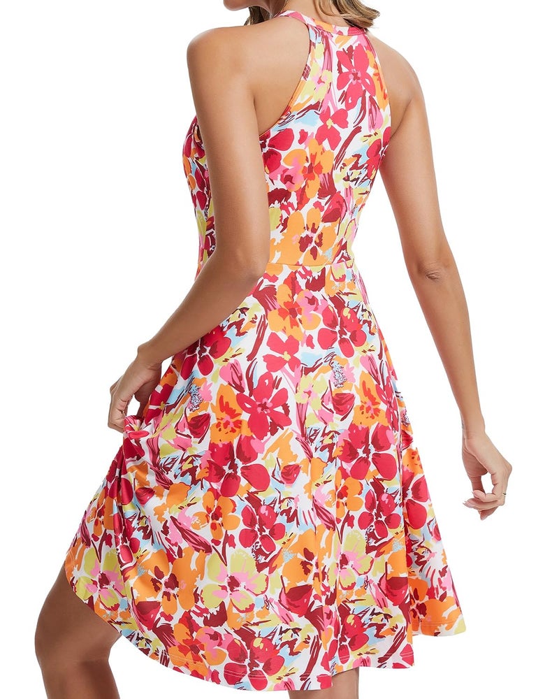 ANYFITTING Built in Bra Halter Dresses for Women 2026 Summer Pockets Dress Flowy Midi Sundresses Beach Vacation Pink Orange - Image 2