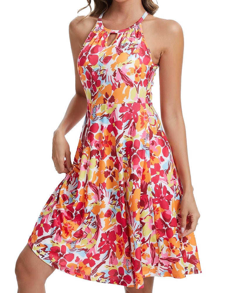 ANYFITTING Built in Bra Halter Dresses for Women 2026 Summer Pockets Dress Flowy Midi Sundresses Beach Vacation Pink Orange - Image 5