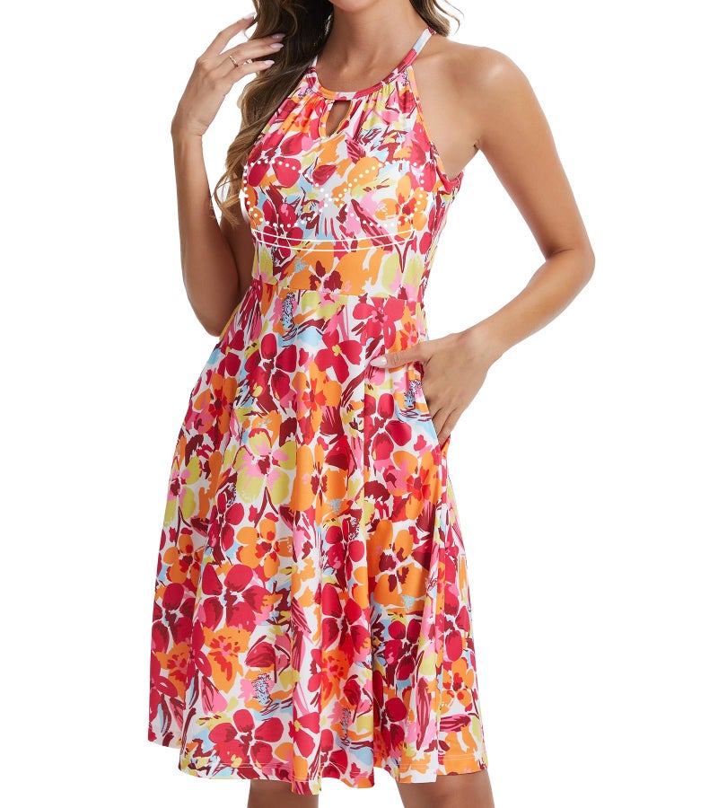 ANYFITTING Built in Bra Halter Dresses for Women 2026 Summer Pockets Dress Flowy Midi Sundresses Beach Vacation Pink Orange - Image 1