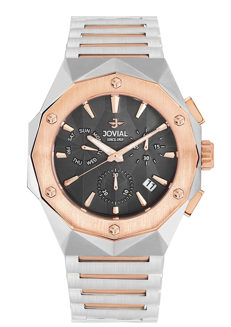 JOVIAL 1505GAMC03E  Stainless Steel Two-Tone Men's Watch, Bold Geometric Design, Black Dial, Multifunction Movement, 45MM - Image 1