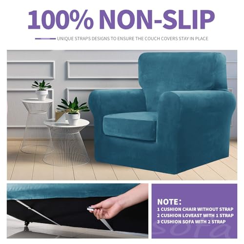 ZNSAYOTX Luxury Velvet Couch Cover 4 Piece (72"-92") Stretch Sofa Covers for 3 Cushion Couch Thick Soft Sofa Slipcover with Non Slip Strap, Dog Pet Friendly Nice Furniture Protector (Peacock Blue) - Image 5