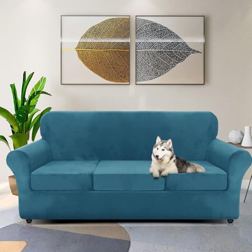 ZNSAYOTX Luxury Velvet Couch Cover 4 Piece (72"-92") Stretch Sofa Covers for 3 Cushion Couch Thick Soft Sofa Slipcover with Non Slip Strap, Dog Pet Friendly Nice Furniture Protector (Peacock Blue) - Image 2
