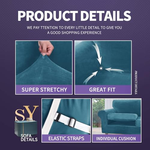 ZNSAYOTX Luxury Velvet Couch Cover 4 Piece (72"-92") Stretch Sofa Covers for 3 Cushion Couch Thick Soft Sofa Slipcover with Non Slip Strap, Dog Pet Friendly Nice Furniture Protector (Peacock Blue) - Image 4