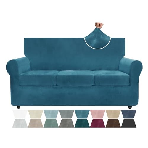 ZNSAYOTX Luxury Velvet Couch Cover 4 Piece (72"-92") Stretch Sofa Covers for 3 Cushion Couch Thick Soft Sofa Slipcover with Non Slip Strap, Dog Pet Friendly Nice Furniture Protector (Peacock Blue) - Image 1