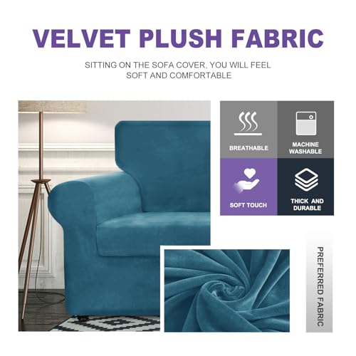ZNSAYOTX Luxury Velvet Couch Cover 4 Piece (72"-92") Stretch Sofa Covers for 3 Cushion Couch Thick Soft Sofa Slipcover with Non Slip Strap, Dog Pet Friendly Nice Furniture Protector (Peacock Blue) - Image 3